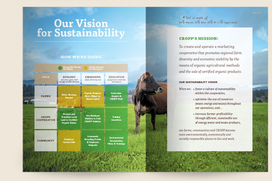 an image scan of an open book with Organic Valley's vision for sustainability mission