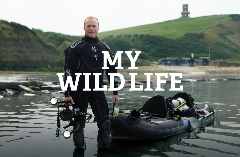 a man in a wet suit next to a small motor boat on a lake with the caption, "my wild life."