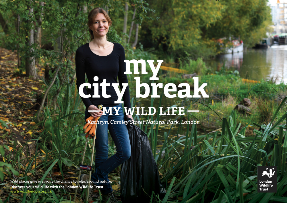 a smiling young woman next to a canal holding a trash bag with the caption, "my city break."