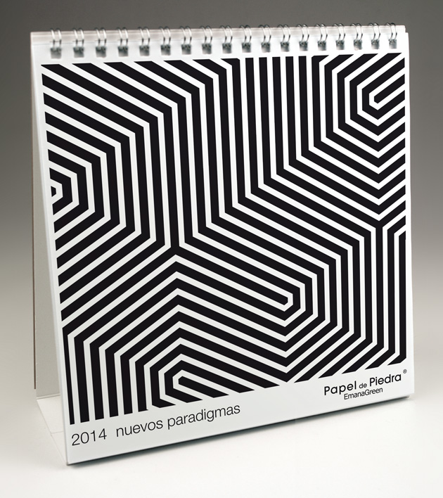 an upright calendar with a large, black hexagonal printed pattern